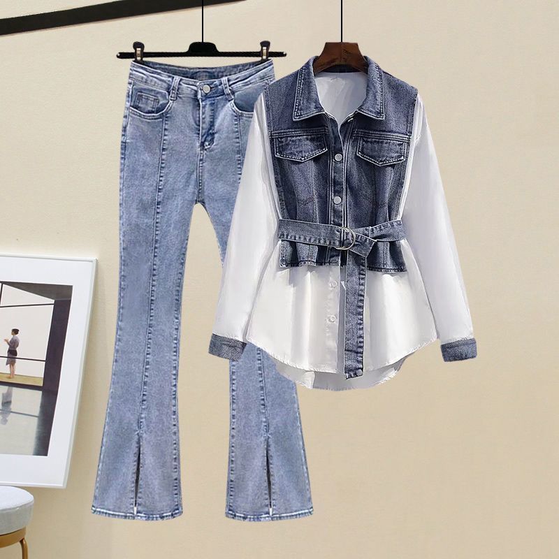 2024 plus size womens new fat sister gas texture fake two-piece shirt jacket jeans two-piece set Top + jeans suit