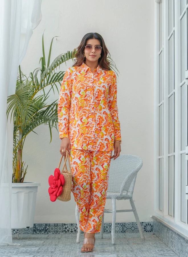 دي دبليو DW Floral Print Shirt Collar Shirt and Trousers Co-Ords