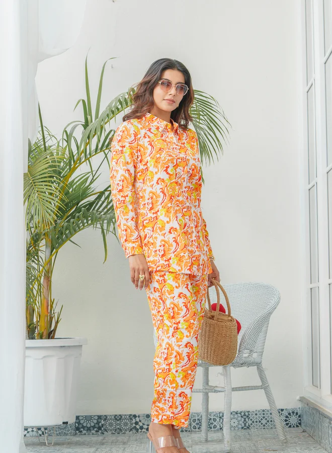 دي دبليو DW Floral Print Shirt Collar Shirt and Trousers Co-Ords
