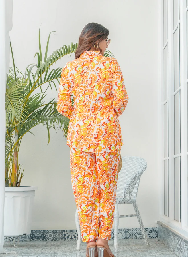 DW DW Floral Print Shirt Collar Shirt and Trousers Co-Ords