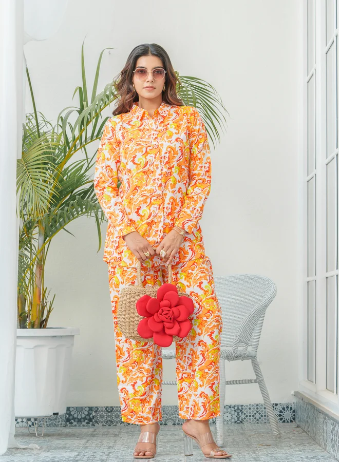 DW DW Floral Print Shirt Collar Shirt and Trousers Co-Ords