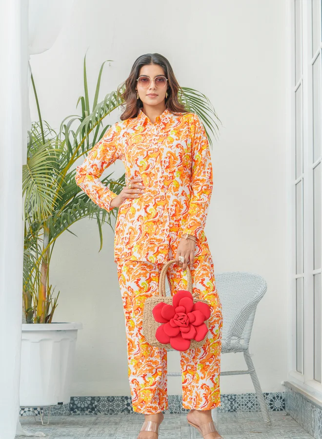DW DW Floral Print Shirt Collar Shirt and Trousers Co-Ords