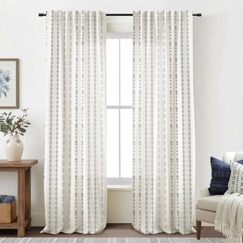 Lino Rosa Navy Blue Floral Curtains, 84 Inch Length Vintage Cream White and Blue Vine Striped Linen Semi Sheer Drapes, Dark Blue French Country Curtains for Living Room Bedroom - Image 2