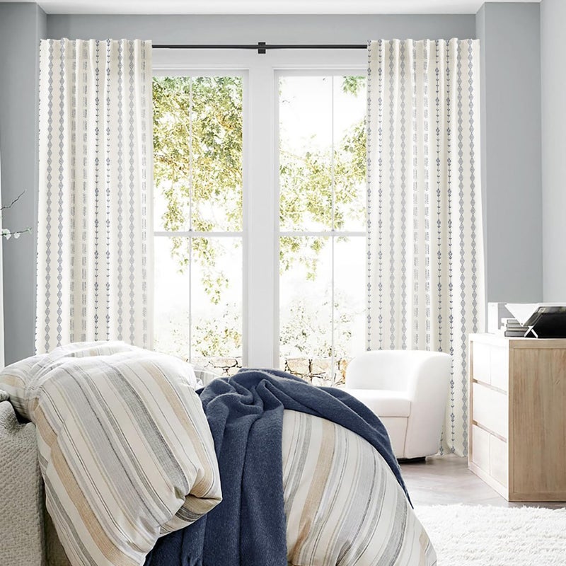 Lino Rosa Navy Blue Floral Curtains, 84 Inch Length Vintage Cream White and Blue Vine Striped Linen Semi Sheer Drapes, Dark Blue French Country Curtains for Living Room Bedroom - Image 5