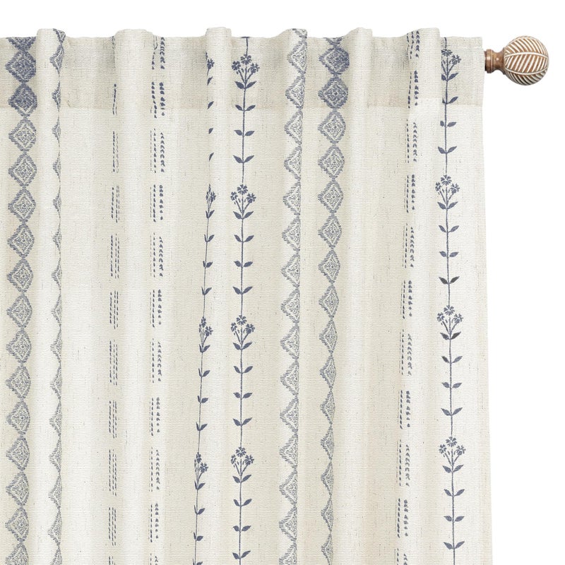 Lino Rosa Navy Blue Floral Curtains, 84 Inch Length Vintage Cream White and Blue Vine Striped Linen Semi Sheer Drapes, Dark Blue French Country Curtains for Living Room Bedroom - Image 1