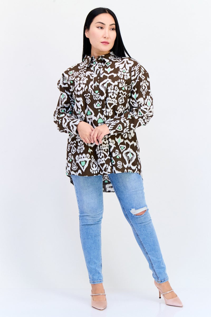 Another Sunday Women Spread Collar Long Sleeve Allover Print Shirt, Multicolor  - Image 4