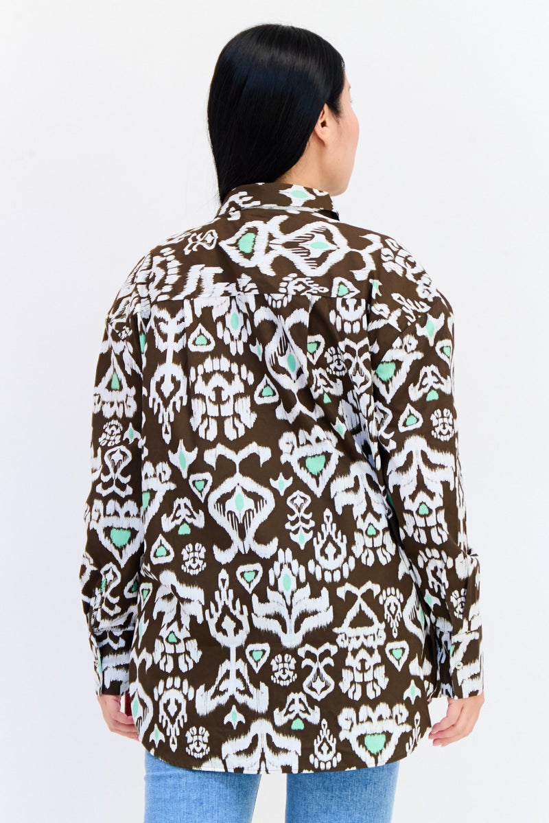 Another Sunday Women Spread Collar Long Sleeve Allover Print Shirt, Multicolor  - Image 3