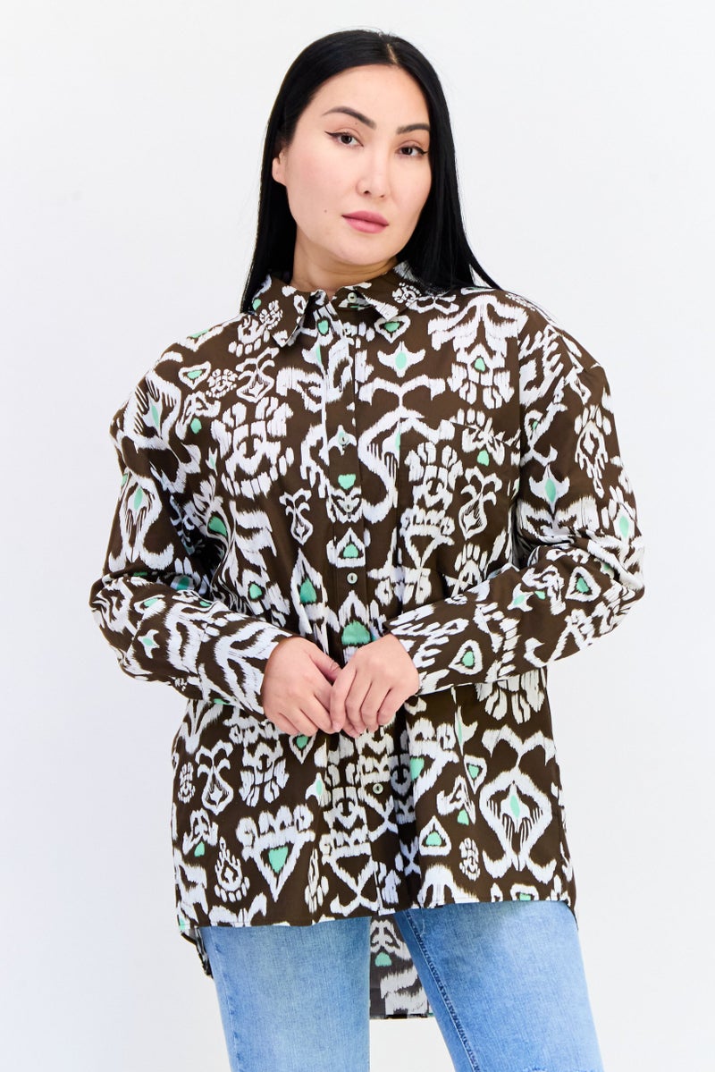 Another Sunday Women Spread Collar Long Sleeve Allover Print Shirt, Multicolor  - Image 1