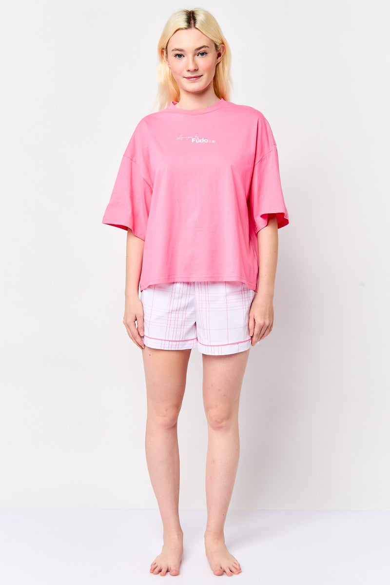 Fudo Women 2 Pcs Embroidered Logo Pajama Top And Check Shorts, Multicolor - Image 2