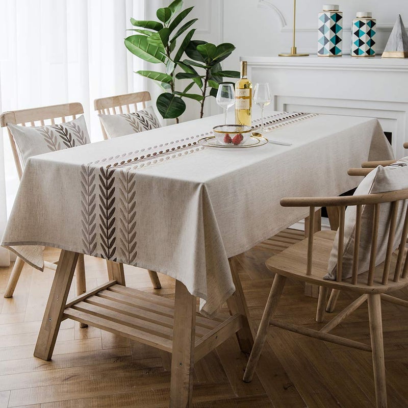 ColorBird Embroidery Leaf Tablecloth Heavy Weight Cotton Linen Fabric DustProof Table Cover for Kitchen Dinning Tabletop Decoration RectangleOblong 52 x 70 Inch Linen