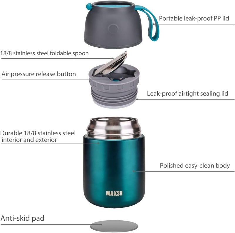 Max&So Soup Thermo for Hot & Cold Food for Adults Kids, 17 oz Vacuum Insulated Steel Lunch Container Bento Box with Spoon, Leakproof Thermal Food Jar for School Office Travel - Green - Image 2