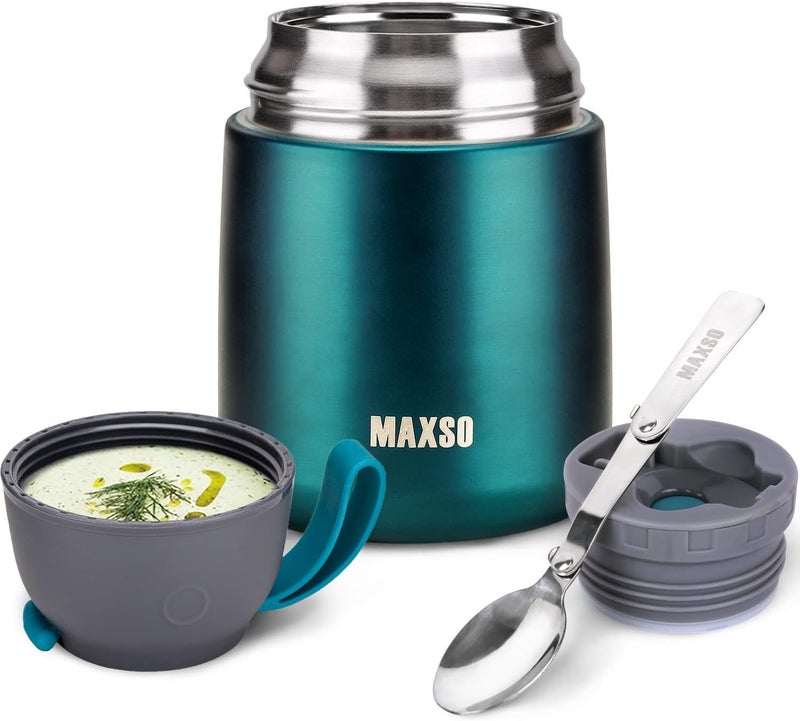 Max&So Soup Thermo for Hot & Cold Food for Adults Kids, 17 oz Vacuum Insulated Steel Lunch Container Bento Box with Spoon, Leakproof Thermal Food Jar for School Office Travel - Green - Image 1