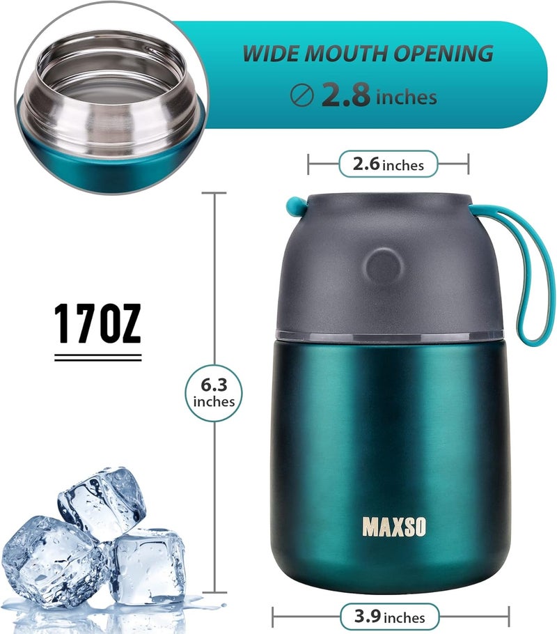 Max&So Soup Thermo for Hot & Cold Food for Adults Kids, 17 oz Vacuum Insulated Steel Lunch Container Bento Box with Spoon, Leakproof Thermal Food Jar for School Office Travel - Green - Image 4