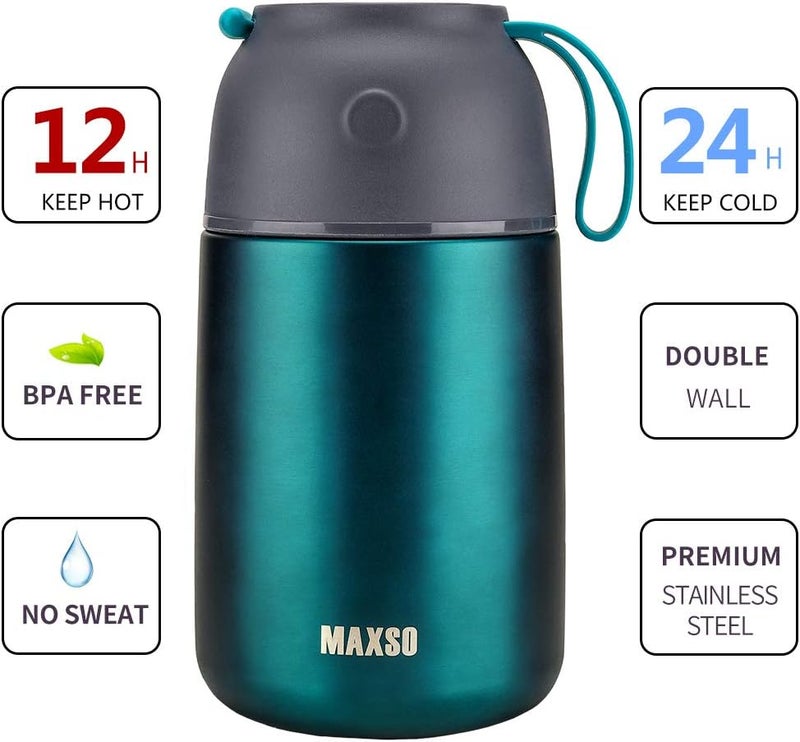 Max&So Soup Thermo for Hot & Cold Food for Adults Kids, 17 oz Vacuum Insulated Steel Lunch Container Bento Box with Spoon, Leakproof Thermal Food Jar for School Office Travel - Green - Image 3