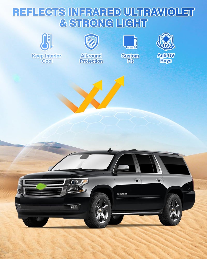 Canvcle Sunshades for 2021-2025 GMC Yukon XL/Chevy Suburban Accessories Windshield Sun Shade Side Rear Window Shade Cover Sun Visor Shield Privacy Protection Keep Vehicle Cool Black 8PCS - Image 2