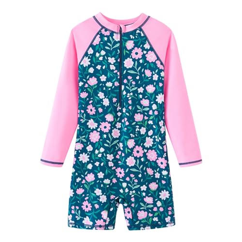 UMELOK Girls Rash Guard Long Sleeve One Piece Swimsuits with UPF 50+ Sun Protection Zipper Bathing Suits Flower,5T - Image 1
