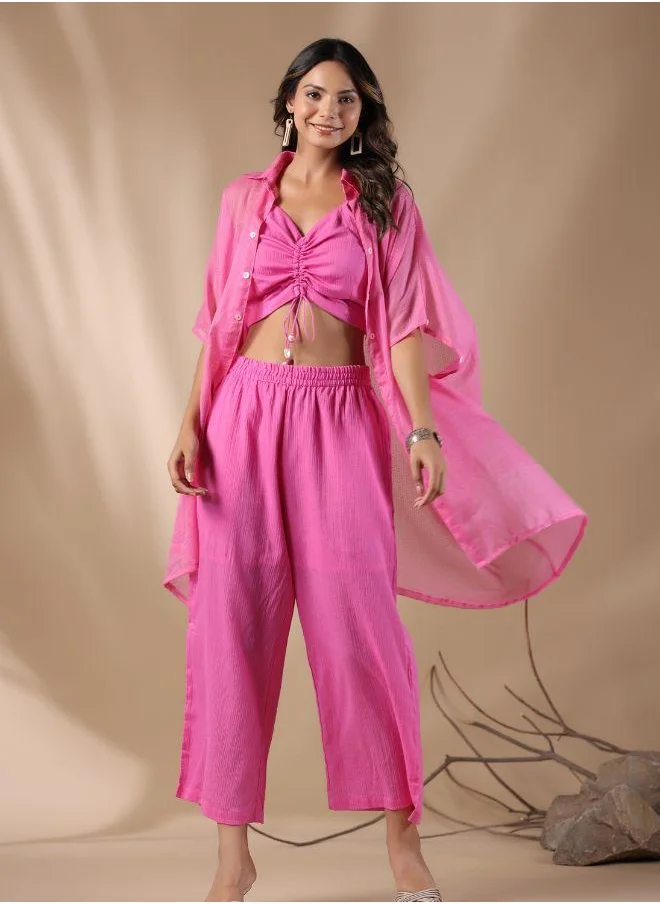 #Be Trendy Pink Ruched Crop Top with Sheer Button-Up Shirt