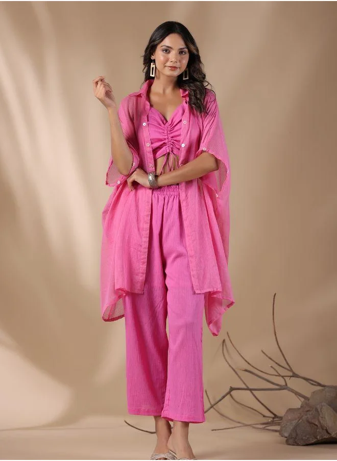 #Be Trendy Pink Ruched Crop Top with Sheer Button-Up Shirt