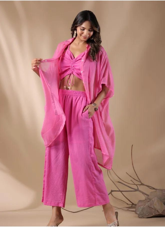 #Be Trendy Pink Ruched Crop Top with Sheer Button-Up Shirt