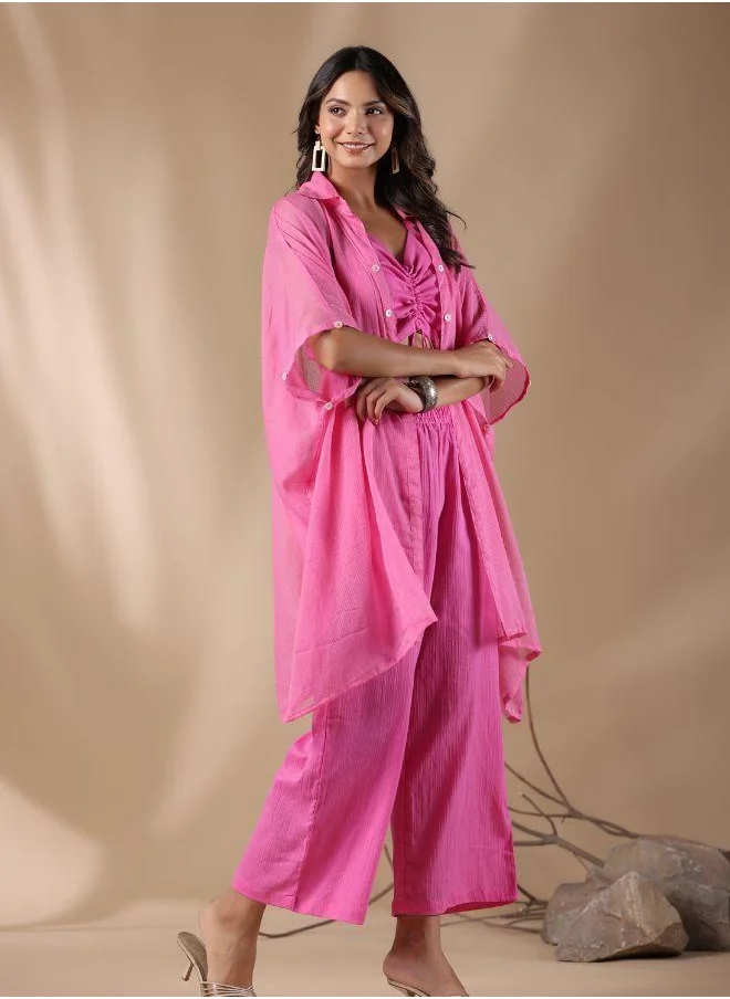 #Be Trendy Pink Ruched Crop Top with Sheer Button-Up Shirt