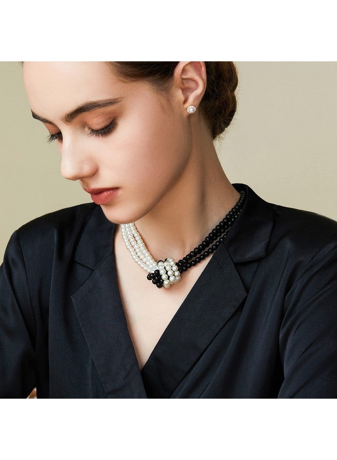 Coucoland 1920S Imitation Pearls Necklace 20S Gatsby Knot Pearl Necklace 1920S Flapper Pearls Accessories Twotone Stitching Style (Black And White) - Image 2