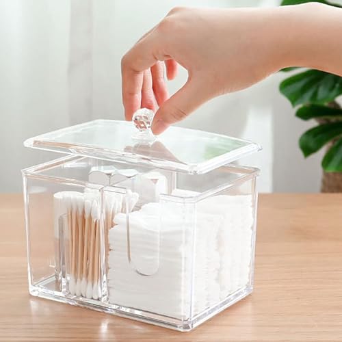 PRIME PICK Cotton Swab Holders, Acrylic Cotton Pad Holder, Qtip Holder with Lid, Rounds with 4-Grid, for Bathroom Canister Storage Organization, Vanity Makeup Organizer - Image 1