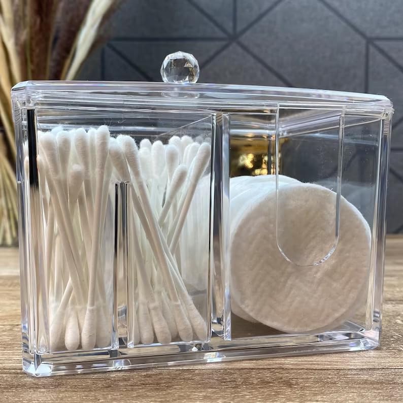 PRIME PICK Cotton Swab Holders, Acrylic Cotton Pad Holder, Qtip Holder with Lid, Rounds with 4-Grid, for Bathroom Canister Storage Organization, Vanity Makeup Organizer - Image 4