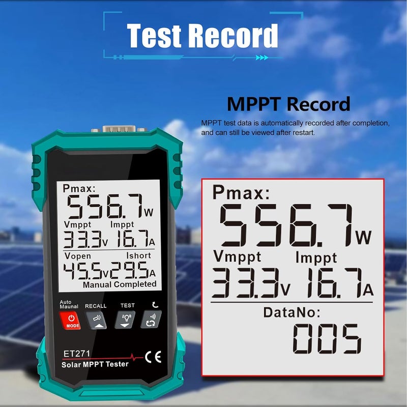 جهاز اختبار ألواح الطاقة الشمسية Haofy بقدرة 2000 واط مزود بتقنية MPPT ومقياس الطاقة الشمسية (PV Meter)، يستخدم لقياس جهد وتيار الدائرة المفتوحة، ويحتوي على شاشة عرض LCD لعرض البيانات في الوقت الفعلي، مثالي لتحليل مشاكل النظام. - Image 5