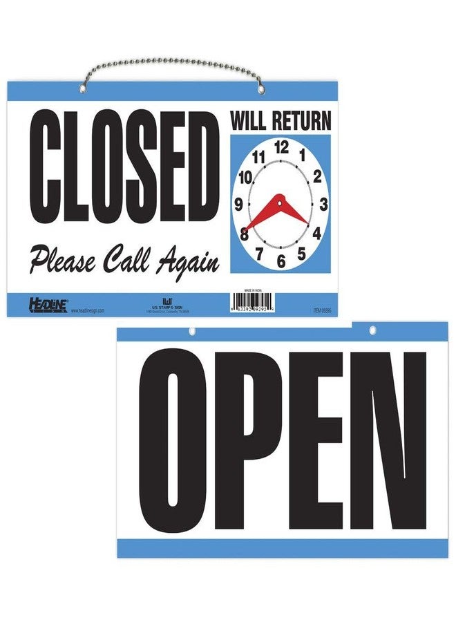 Headline Sign 9395 Double-Sided Open/Closed/Will Return Sign with Clock Hands, 6" x 11.5", Blue - Image 1