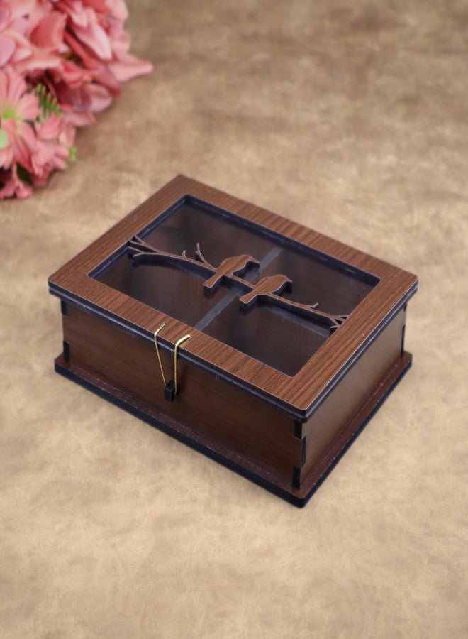 Giftguys Wooden Dryfruit Box with transperent Lid - 8 x 6 Inch | Bird Design | 4 Compartment Storage - Image 1