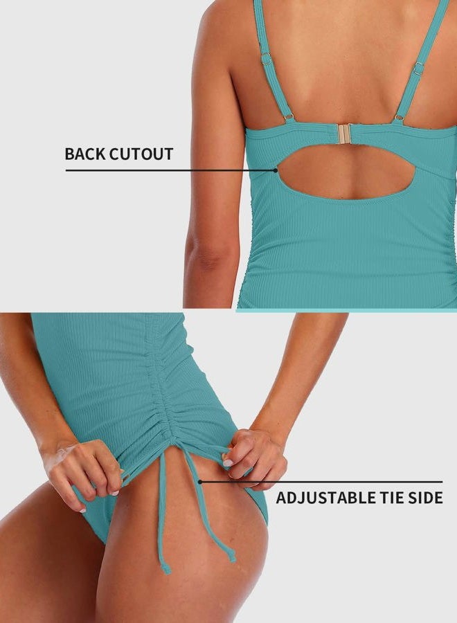 SOCIALA Ribbed Tie Side One Piece Swimsuits for Women High Cut Bathing Suits Padded Monokinis Blue XL - Image 4