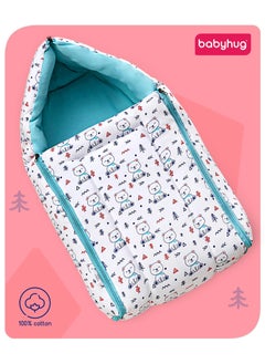 babyhug Babyhug Pure Cotton Teddy Print Sleeping Bag for Infants 0-6 Months - Blue & White, Lightweight, Comfortable, with Zipper  - Image 1