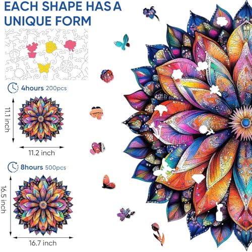 Qiuenisray 500 Piece Wooden Puzzle Geometric Colorful Mandala Jigsaw Puzzle for Women Beautiful Wall Decor FSC Certified Unique Plant Shape Puzzles Piece Creative Gift for Family Game 167x165 in - Image 5