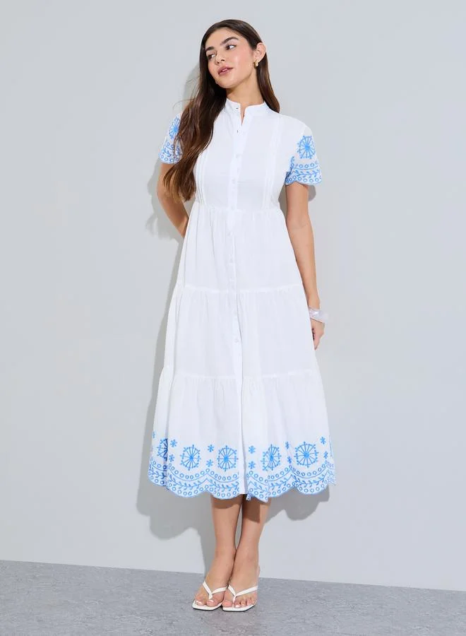 Styli White Embroidered Cotton Tiered Midi Dress
