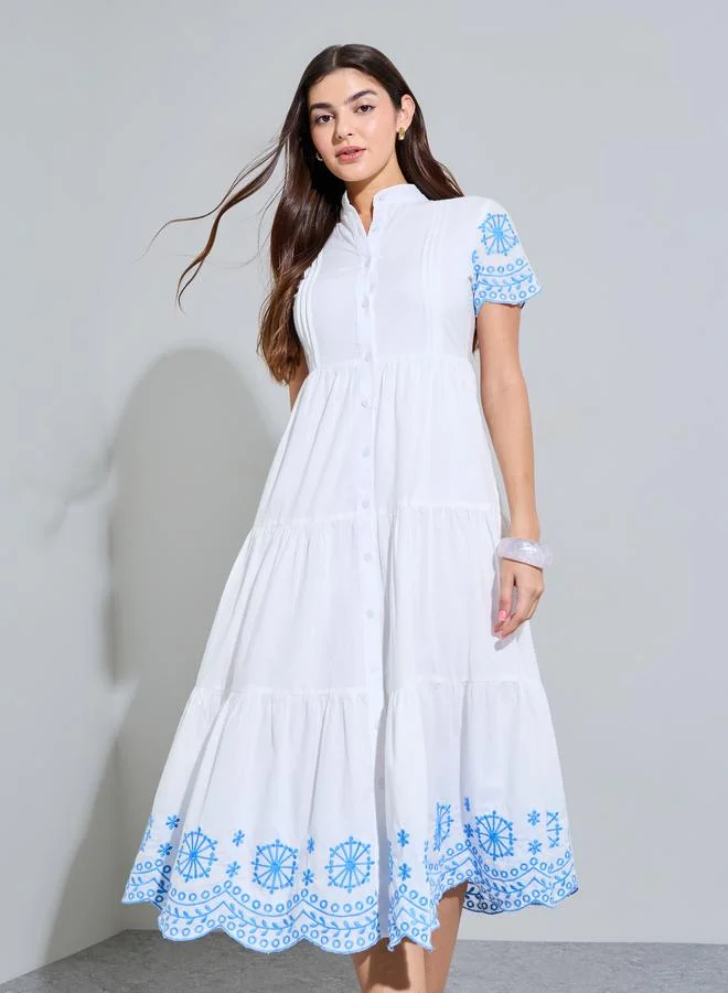 Styli White Embroidered Cotton Tiered Midi Dress