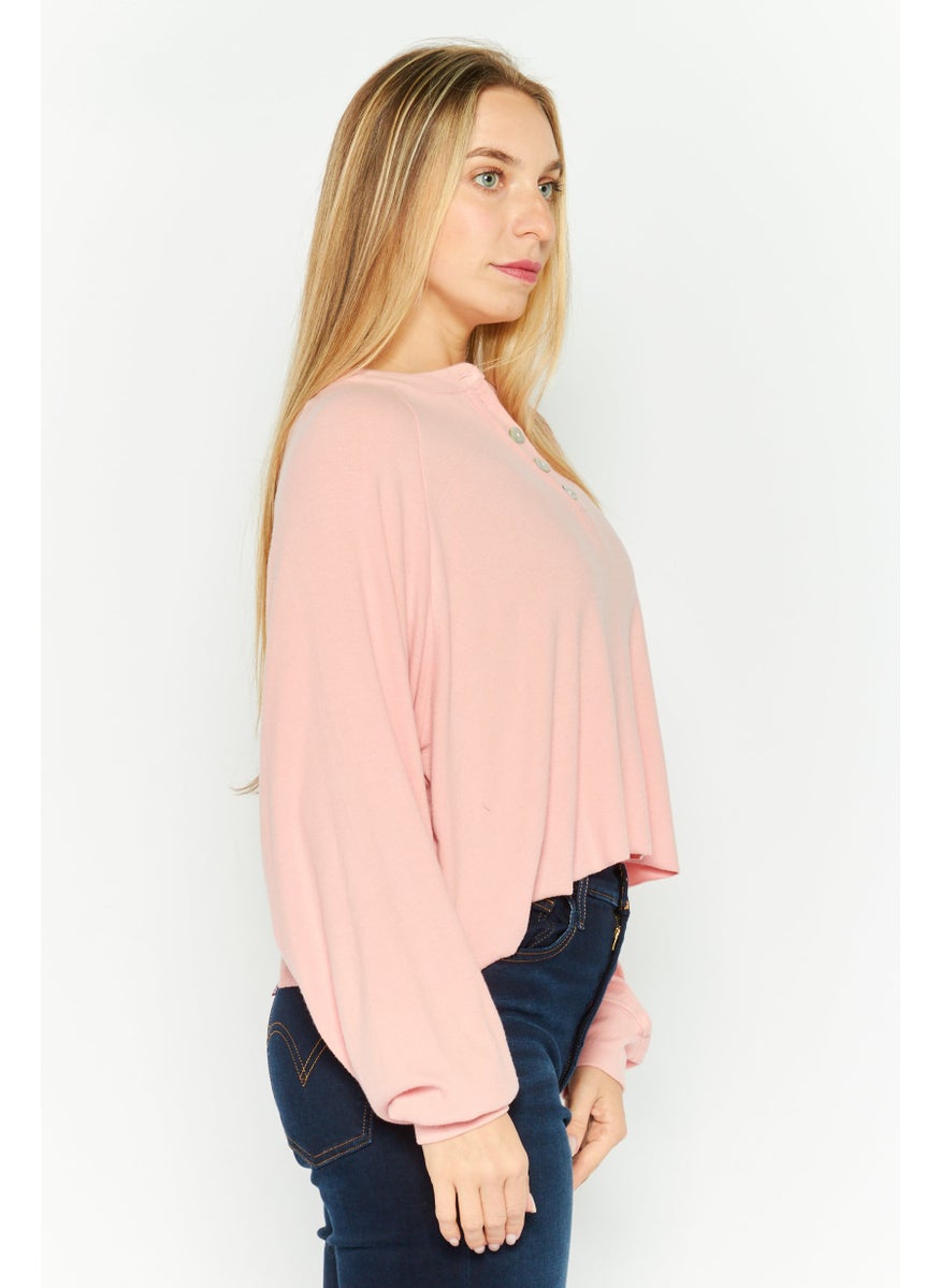 NIA Women Crew Neck Long Sleeve Ribbed Top, Pink  - Image 3