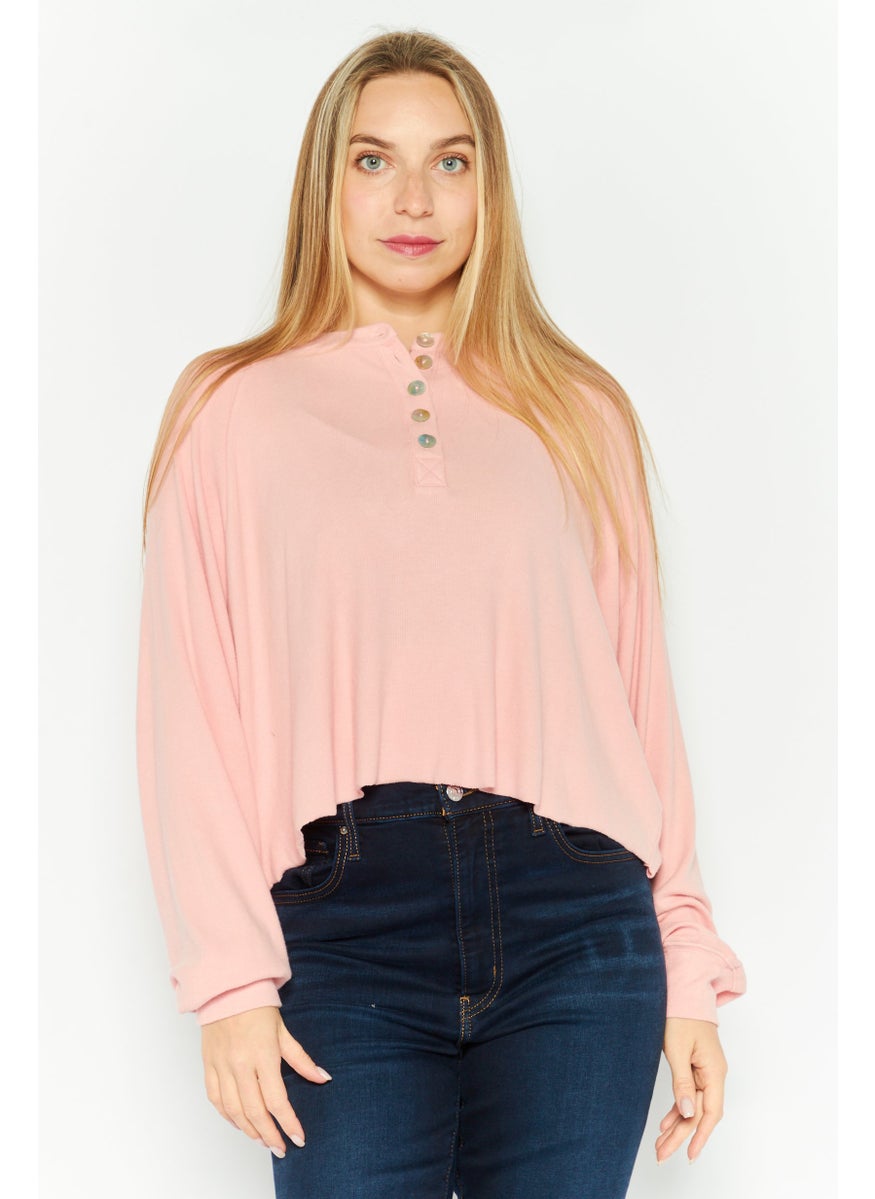 NIA Women Crew Neck Long Sleeve Ribbed Top, Pink  - Image 1