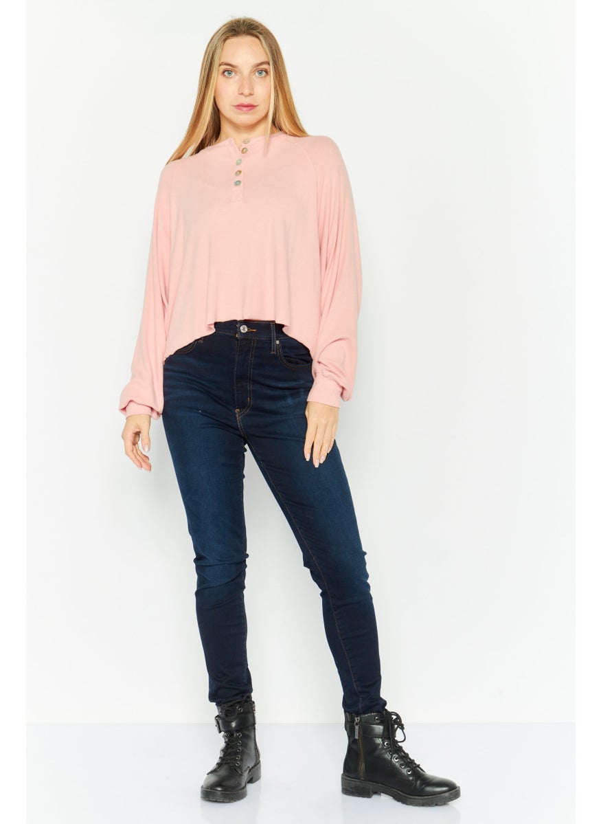 NIA Women Crew Neck Long Sleeve Ribbed Top, Pink  - Image 2
