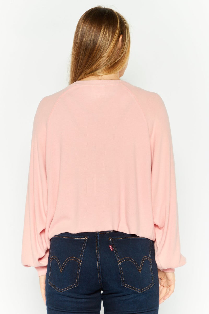 NIA Women Crew Neck Long Sleeve Ribbed Top, Pink - Image 4