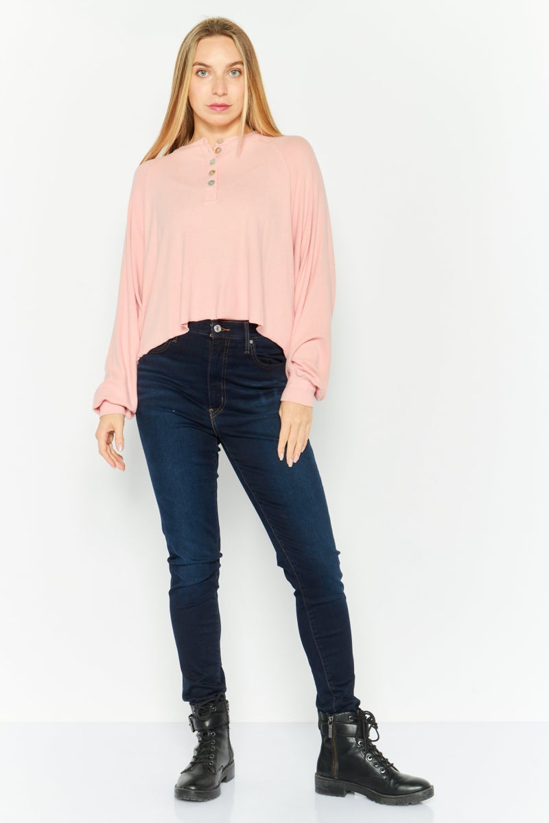 NIA Women Crew Neck Long Sleeve Ribbed Top, Pink - Image 2