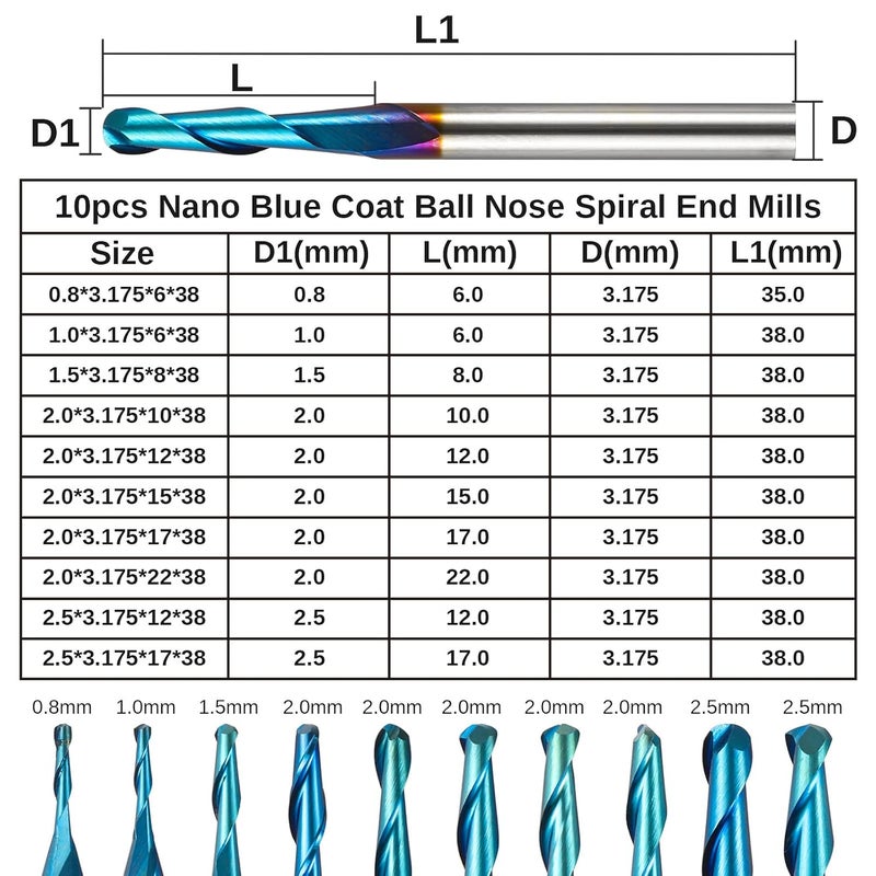 Genmitsu 10pcs 2-Flute Nano Blue Coat Ball Nose Spiral End Mill, 1/8'' Shank, 0.8mm-2.5mm Cutting Diameter, CNC Router Bits for Wood Working Acrylic MDF PVC ABS, BN10A - Image 5