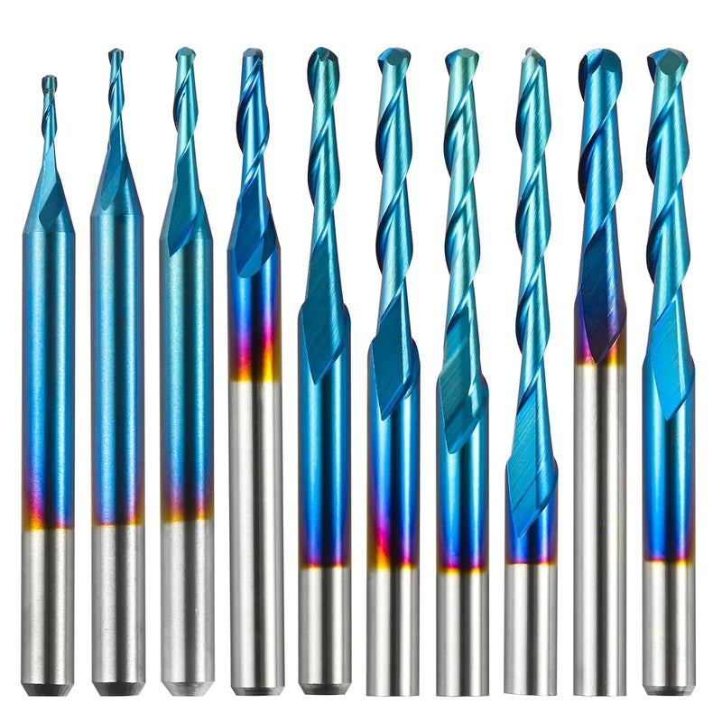 Genmitsu 10pcs 2-Flute Nano Blue Coat Ball Nose Spiral End Mill, 1/8'' Shank, 0.8mm-2.5mm Cutting Diameter, CNC Router Bits for Wood Working Acrylic MDF PVC ABS, BN10A - Image 1