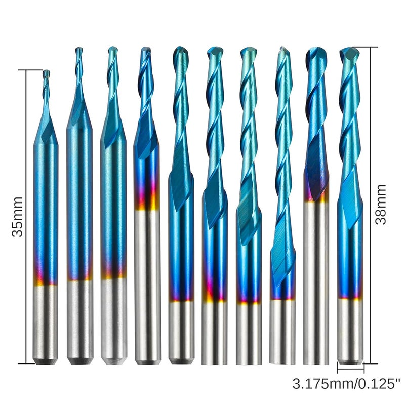 Genmitsu 10pcs 2-Flute Nano Blue Coat Ball Nose Spiral End Mill, 1/8'' Shank, 0.8mm-2.5mm Cutting Diameter, CNC Router Bits for Wood Working Acrylic MDF PVC ABS, BN10A - Image 4