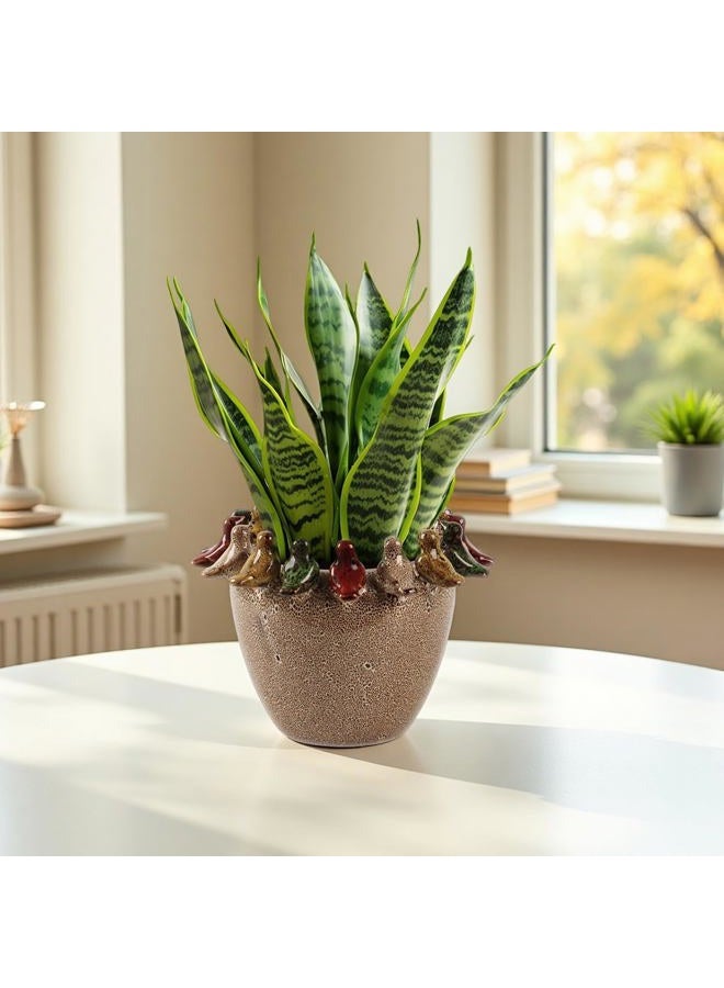 Tuioyoc 10.4 Inch Plant Pot, Ceramic Planter with Drainage Hole and Silicone Plug, Flower Pot with Ceramic Birds on Rim, Reactive Glaze, for Indoor Outdoor Plants Home Garden Patio Office - Image 2