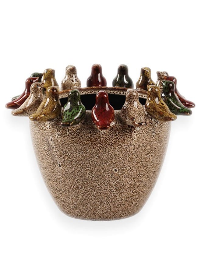 Tuioyoc 10.4 Inch Plant Pot, Ceramic Planter with Drainage Hole and Silicone Plug, Flower Pot with Ceramic Birds on Rim, Reactive Glaze, for Indoor Outdoor Plants Home Garden Patio Office - Image 1