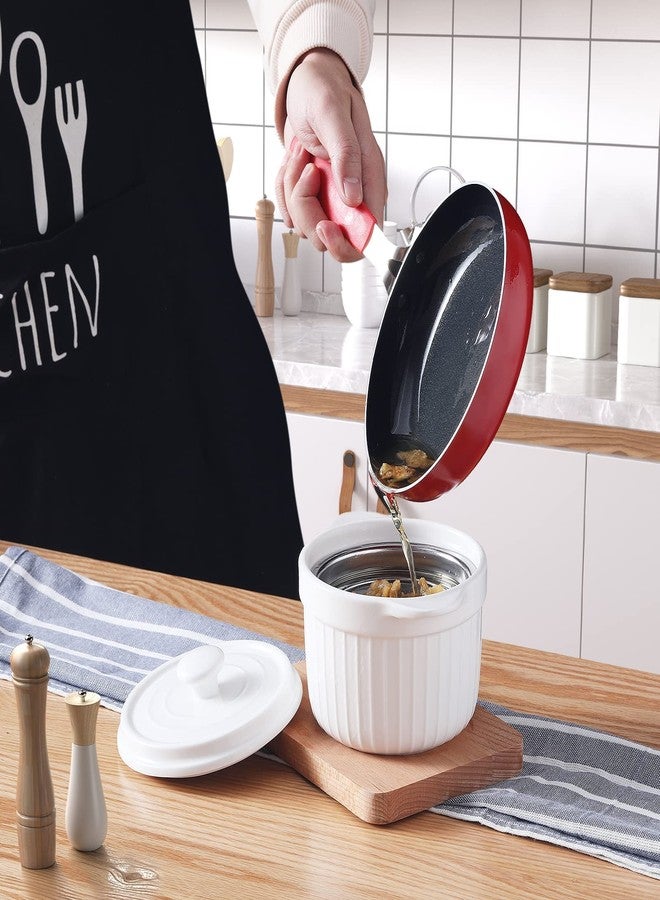 ONTUBE Ceramic Bacon Grease Container Keeper with Strainer, Frying Oil Storage Can, White - Image 2