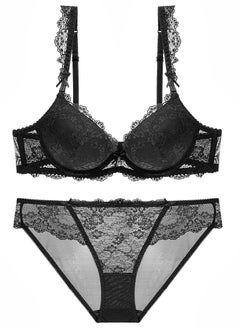 Comfy Solid Color Lace Bra And Panty Set Black