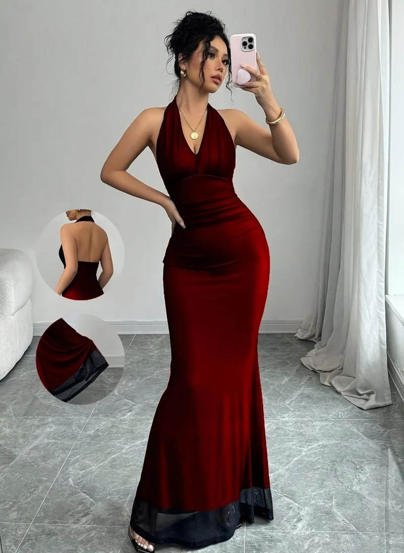 Take Two Red Solid Halter Neck Mermaid Maxi Dress with Lace Hem