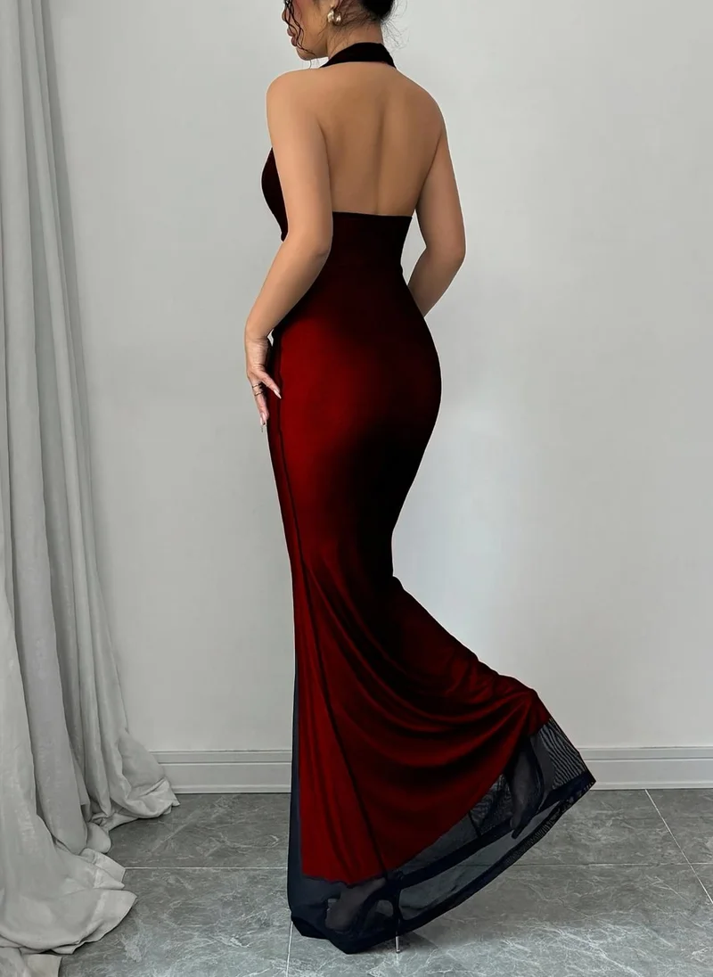 Take Two Red Solid Halter Neck Mermaid Maxi Dress with Lace Hem