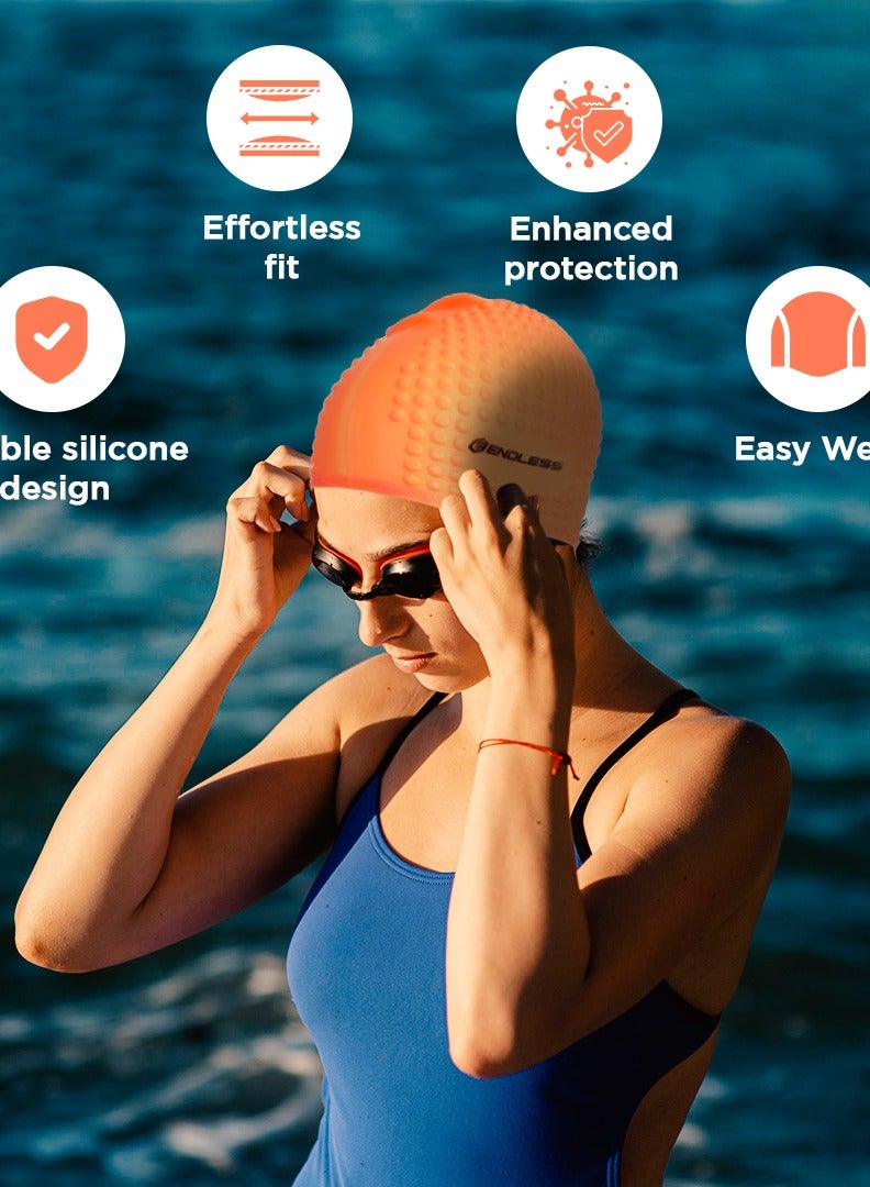 ENDLESS  Comfortable Silicon Swimming Cap with Ergonomic Ear Pockets | Fully Elastic Waterproof Cap for Long and Short Hair with Thicker Edge | For Women and Men - Image 2